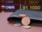 The copper coin of Rial Omani money and black leather wallet on brown floor with digital board of currency exchange money