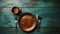 copper cooking utensils on a blue plate . AI Generated