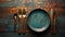 copper cooking utensils on a blue plate . AI Generated