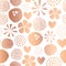 Copper foil abstract seamless vector pattern with flowers, dots, hearts on white background. Cute rose gold metallic foil feminine
