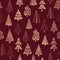 Copper foil doodle Christmas trees seamless vector pattern backdrop. Metallic shiny rose golden trees on red background. Elegant