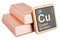Copper ingots with chemical element icon Copper Cu, 3D rendering