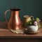 Copper Jug and clay pots with dried flowers