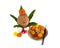 Copper Kalash with coconut and mango leaf and pooja thali with diya, kumkum and sweets with floral decoration