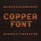 Copper metal typeface. Retro alphabet font. Metallic letters and numbers on a dark rough background.