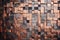 Copper mosaic background. Bronze random wall decoration. Cubic backdrop. Geometric illustration of glossy square shapes.