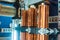 Copper plates in an electric generator close-up