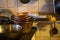 Copper pots in an old farmer`s kitchen, farmhouse parlor