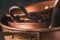 Copper pots and pans close-up