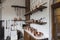 Copper pots, pans and saucepans in a vintage kitchen