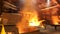 Copper production at the metallurgical plant, dangerous work concept. Stock footage. Molten metal in a huge industrial