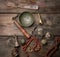 Copper singing bowl, prayer beads, prayer drum and other Tibetan religious objects for meditation and alternative medicine