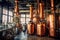 copper stills and equipment shining in the distillery