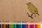 Coppersmith Barbet drawn on cardboard paper and arrangement of assorted color pencils at the bottom