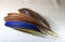 COPPERY BROWN FEATHERS AND A BLUE PARROT FEATHER ON A WHITE BACKGROUND