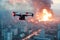Copter drone above city with large explosion at day time