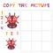 Copy the beetle ladybug picture using the grid, education game for children. Kids learning game insects on white backgrou