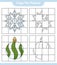 Copy the picture, copy the picture of Snowflake and Christmas Ball using grid lines. Educational children game, printable