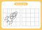 Copy the picture of rocket - use the grid and example. Educational game for children. Handwriting and drawing practice. Space