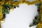 Copy space for christmas wishes. Festive decorations such as gold baubles, tinsel, coniferous tree branches and cones.