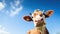 Copy space Funny cute cow. Talking red and white cow close up. Funny curious cow. Farm animals. Pet cow on sky