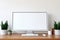Copy space mockup template computer monitor with a white screen on a wooden table. Cozy minimalistic workplace at home