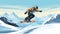 copy space, simple vector illustration, simple colors, Snowboarding, jumping snowboarder in snowy mountains background