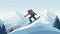 copy space, simple vector illustration, simple colors, Snowboarding, jumping snowboarder in snowy mountains background