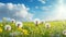 copy space, stockphoto, Beautiful spring meadow field with fresh grass and yellow dandelion flowers in nature