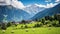 copy space, stockphoto, beautiful view on a traditional austrian little village in the mountains, magestic mountains