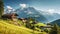 copy space, stockphoto, beautiful view on a traditional austrian little village in the mountains, magestic mountains