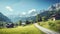 copy space, stockphoto, beautiful view on a traditional austrian little village in the mountains, magestic mountains