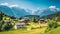 copy space, stockphoto, beautiful view on a traditional austrian little village in the mountains, magestic mountains