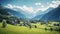 copy space, stockphoto, beautiful view on a traditional austrian little village in the mountains, magestic mountains