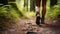 copy space, stockphoto, Close up of female hiker feet walking outdoors in the forest, female legs walking on a forest trail.