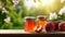 copy space, stockphoto, Close-up of peach jam and fresh peach in jars on the table against the backdrop of a natural bright garden