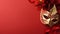 copy space, stockphoto, Festive Venetian carnival mask with gold decorations on red background.