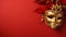 copy space, stockphoto, Festive Venetian carnival mask with gold decorations on red background.