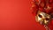 copy space, stockphoto, Festive Venetian carnival mask with gold decorations on red background.