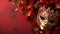 copy space, stockphoto, Festive Venetian carnival mask with gold decorations on red background.