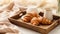 copy space, stockphoto, Fresh french croissants in a wooden tray on a linen tablecloth. Beautiful photo for breakfast bar