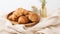 copy space, stockphoto, Fresh french croissants in a wooden tray on a linen tablecloth. Beautiful photo for breakfast bar