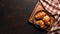 copy space, stockphoto, Fresh french croissants in a wooden tray on a linen tablecloth. Beautiful photo for breakfast bar