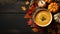 copy space, stockphoto, high quality photo, Pumpkin cream soup, top view. Beautiful autumn table setting.