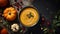 copy space, stockphoto, high quality photo, Pumpkin cream soup, top view. Beautiful autumn table setting.Tasty creamy pumpkin soup