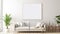 copy space, stockphoto, minimalist cozy healing living room blank frame mockup. Beautiful simple view on a couch and table