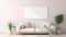 copy space, stockphoto, minimalist cozy healing living room blank frame mockup. Beautiful simple view on a couch and table