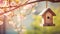 copy space, stockphoto, stockphoto, bird house hanging in a tree with on blurred spring outdoor background.