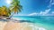 copy space, stockphoto, Sunny tropical Caribbean beach with palm trees and turquoise water. Tropical amazing beach