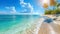 copy space, stockphoto, Sunny tropical Caribbean beach with palm trees and turquoise water. Tropical amazing beach